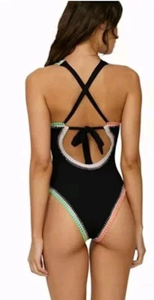 Pq Swim X Solange Ferrarini Medium Swimsuit Crochet Trim One-Piece Black New